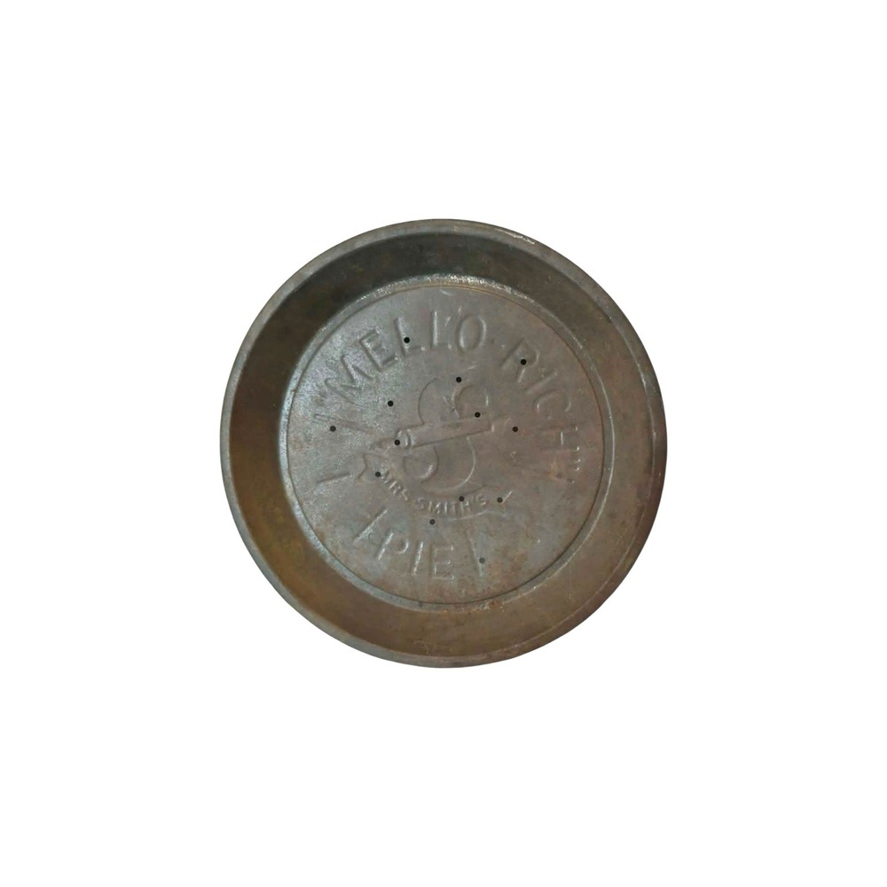 Vtg Tin Pie Pan Mrs. Smith's Mello-Rich Pie Embossed Pan Rustic Advertising 9"